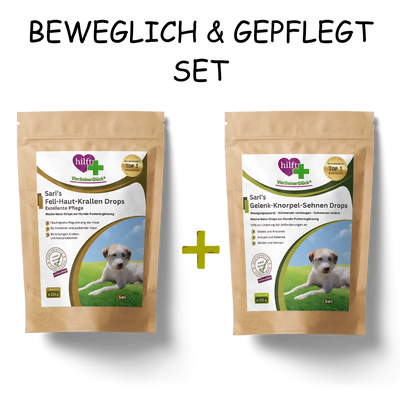 VierBeinerGlück "BEWEGLICH & GEPFLEGT SET" Für aktive Outdoor-Hunde besteht aus Sari's Fell-Haut-Krallen Drops und Sari's Gelenk-Knorpel-Sehnen Drops