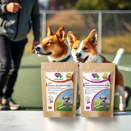 Dynamisches Training von Person mit vitalem Hund. Sport-Equipment und zwei VierBeinerGlück Produkte für Immunstärke und Leistung harmonisch arrangiert.