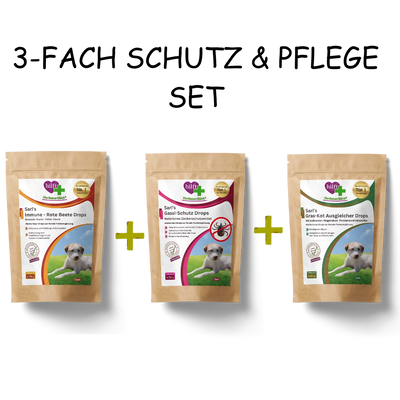 Spare beim 3-fach Schutz & Pflege Set: Vorteilspaket mit Sari's Gassi-Schutz Drops, Gras-Kot-Ausgleicher Drops und Immune Drops im praktischen Bundle.