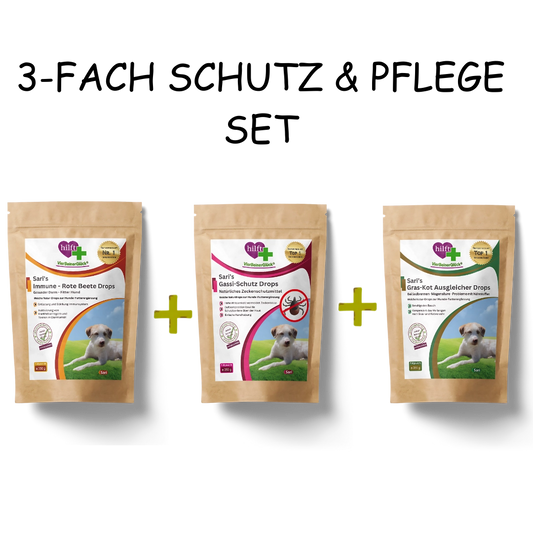 Spare beim 3-fach Schutz & Pflege Set: Vorteilspaket mit Sari's Gassi-Schutz Drops, Gras-Kot-Ausgleicher Drops und Immune Drops im praktischen Bundle.