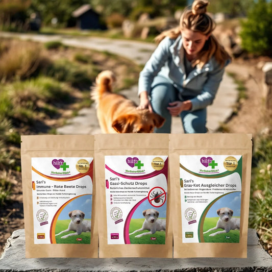 Person beobachtet aufmerksam ihren vitalen Hund beim Erkunden der Natur. Drei VierBeinerGlück Produkte harmonisch im Vordergrund. Morgendliche, frische Atmosphäre