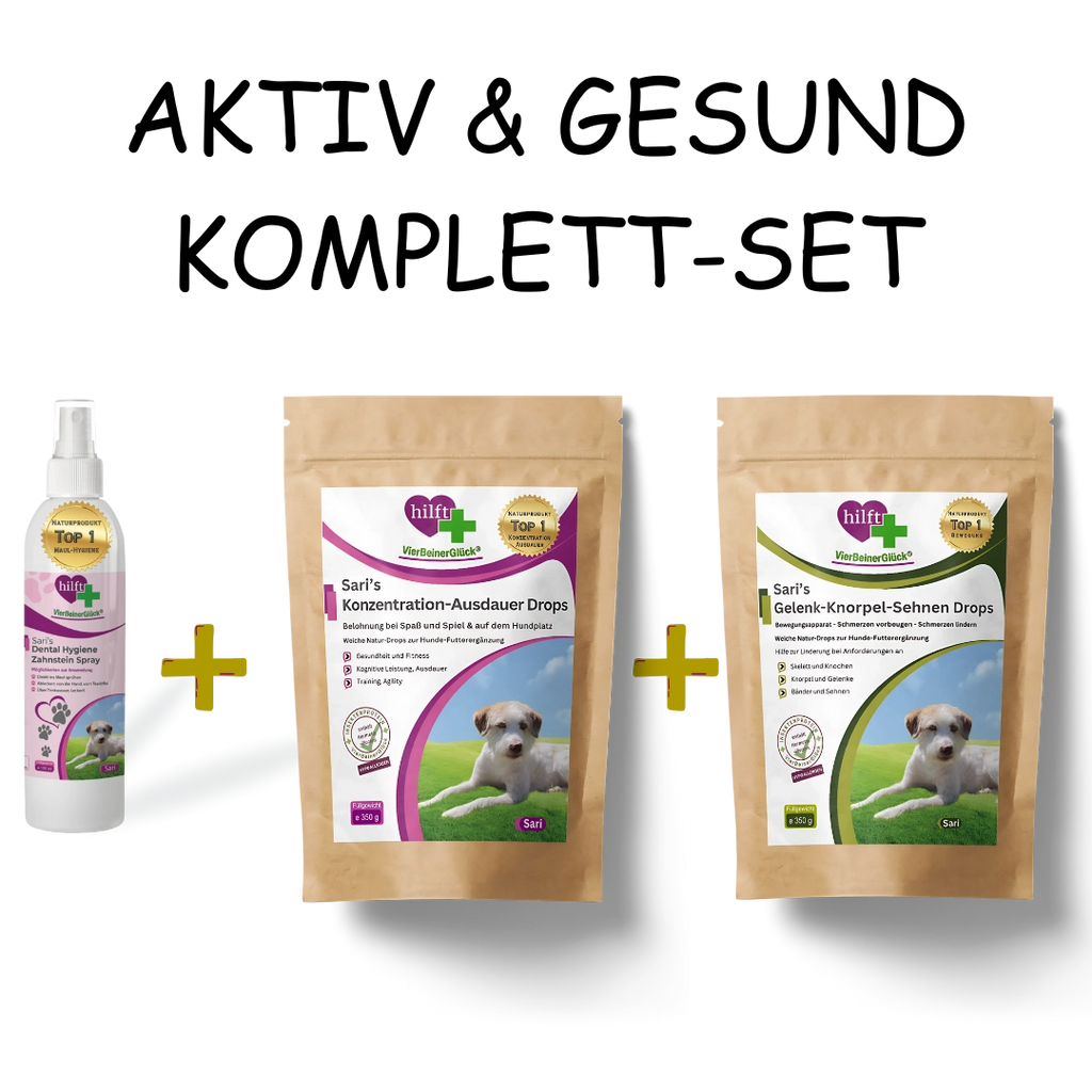 Spare beim Aktiv & Gesund Komplett-Set: Vorteilspaket mit Zahnstein Spray, Gelenk-Knorpel-Sehnen Drops und Konzentration & Ausdauer Drops für sportliche Hunde.