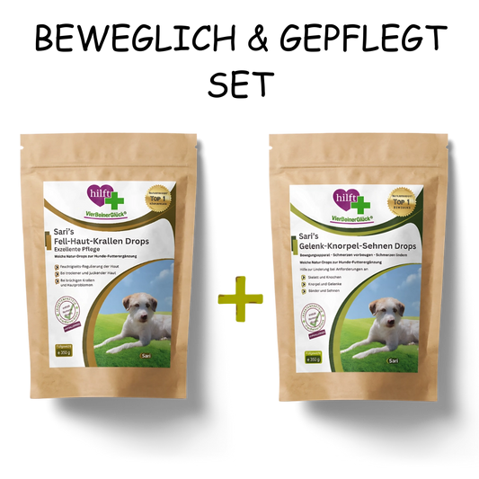 VierBeinerGlück "BEWEGLICH & GEPFLEGT SET" Für aktive Outdoor-Hunde besteht aus Sari's Fell-Haut-Krallen Drops und Sari's Gelenk-Knorpel-Sehnen Drops
