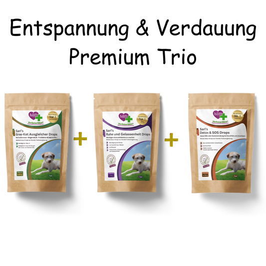 Spare beim Entspannung & Verdauung Premium Trio: Vorteilspaket mit Ruhe & Gelassenheit Drops, Gras-Kot-Ausgleicher Drops und Detox & DOS Drops für umfassendes Wohlbefinden