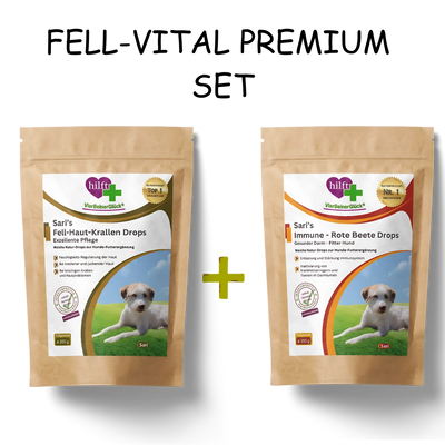 VierBeinerGlück "FELL-VITAL PREMIUM SET" Für Hunde im Fellwechsel besteht aus Sari's Fell-Haut-Krallen Drops und Sari's Immune-Rote Beete Drops