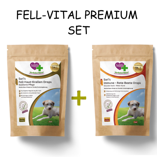 VierBeinerGlück "FELL-VITAL PREMIUM SET" Für Hunde im Fellwechsel besteht aus Sari's Fell-Haut-Krallen Drops und Sari's Immune-Rote Beete Drops