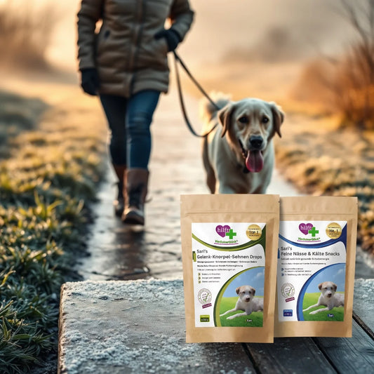 Achtsamer Winterspaziergang von Person mit beweglichem Senior-Hund bei Morgenfrost. Zwei VierBeinerGlück Produkte für Gelenkfreude und Wärmeschutz harmonisch platziert.