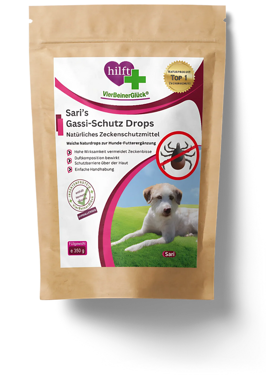 Sari's Gassi-Schutz Drops — natürlicher Zeckenschutz für Hunde, freigestellte Produktaufnahme der Drops