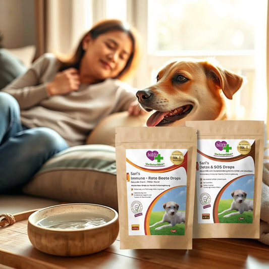 Person und entspannter Hund in warmer Morgensonne zu Hause. Hund zeigt sichtbares Wohlbefinden, glänzendes Fell und klare Augen. VierBeinerGlück Produkte harmonisch integriert.