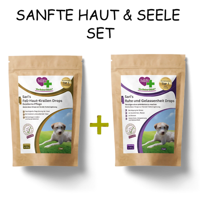 VierBeinerGlück "Sanfte Haut & Seele Set" für Hunde mit Juckreiz besteht aus Sari's Fell-Haut-Krallen Drops und Sari's Ruhe und Gelassenheit Drops