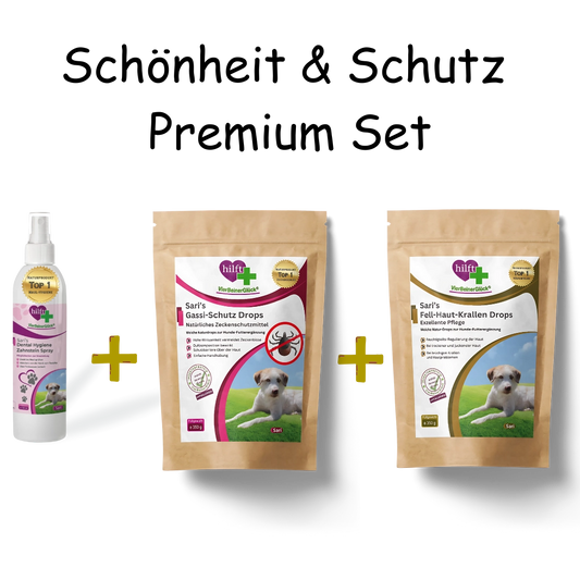 Spare beim Schönheit & Schutz Premium Set: Vorteilspaket mit Zahnstein Spray, Gassi-Schutz Drops und Fell-Haut-Krallen Drops für umfassende Hundepflege