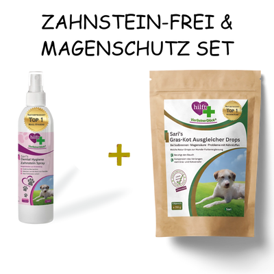 Spare beim Zahnstein-Frei & Magenschutz Set: Vorteilspaket mit Sari's Dental-Hygiene Zahnstein Spray und Sari's Gras-Kot-Ausgleicher Drops für Maulhygiene und Magenschutz
